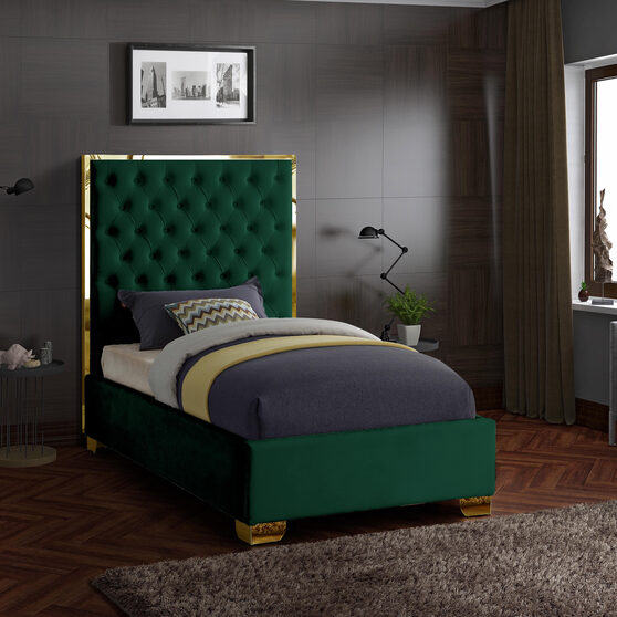 Modern gold legs/trim tufted twin bed in green velvet