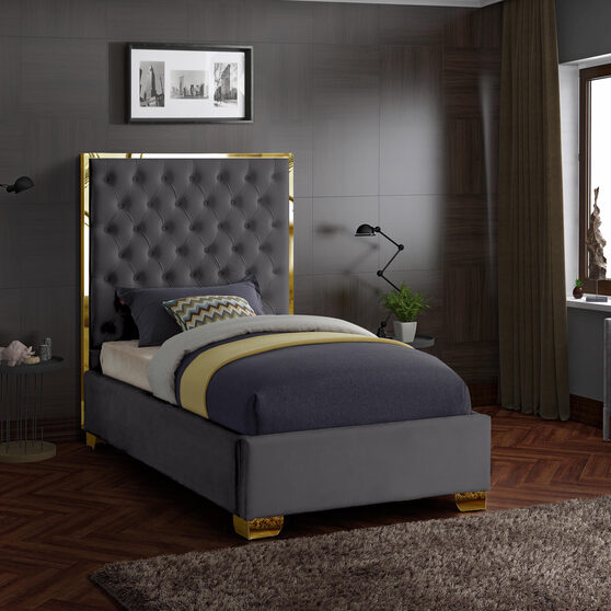 Modern gold legs/trim tufted bed in gray velvet