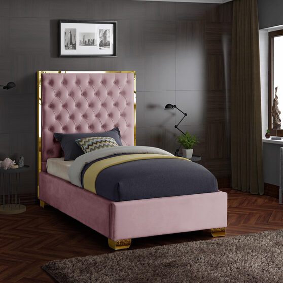 Modern gold legs/trim tufted twin bed in pink velvet