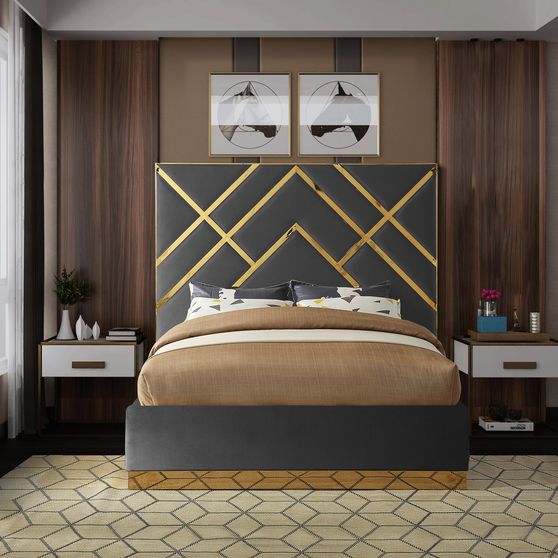 Gold metal / gray velvet contemporary king bed