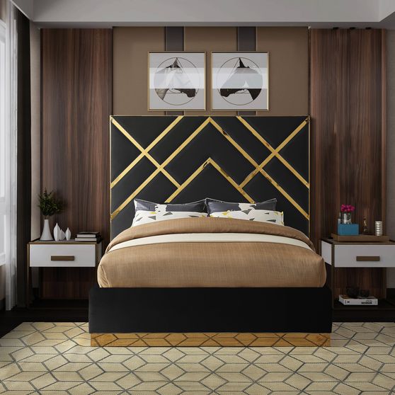 Gold metal / black velvet contemporary king bed