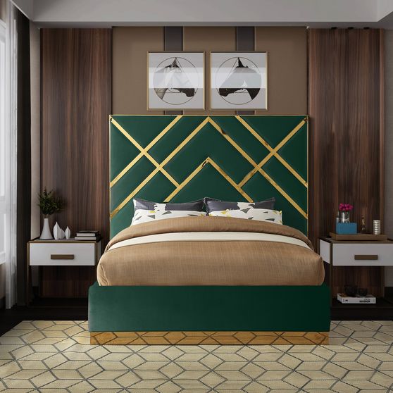 Gold metal / green velvet contemporary king bed