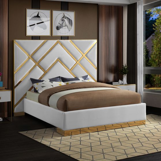 Gold metal / white leatherette contemporary bed