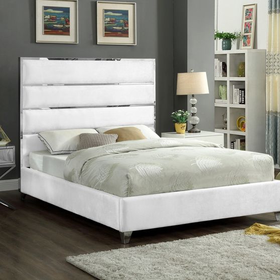 Chrome / white velvet designer king bed