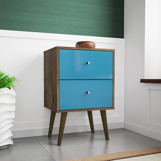 Liberty mid-century - modern nightstand 2.0 with 2 full extension drawers in rustic brown and aqua blue