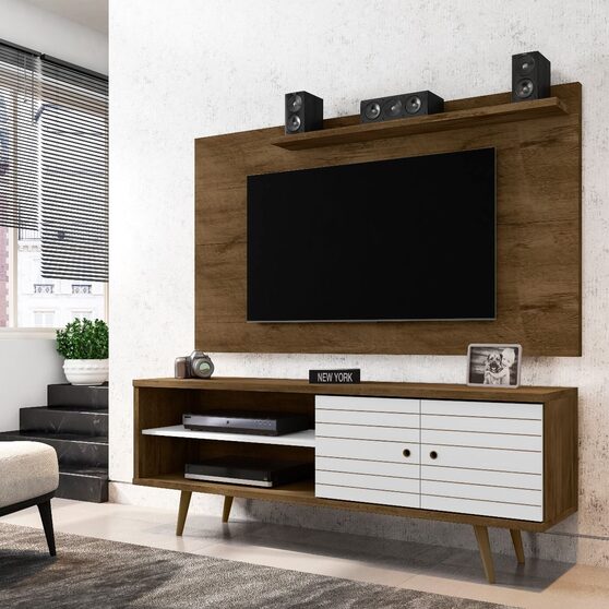 Liberty 62.99 mid-century modern TV stand and panel with solid wood legs in rustic brown and white
