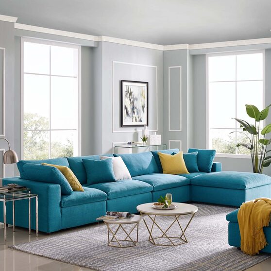 Down filled overstuffed 5 piece sectional sofa set in teal