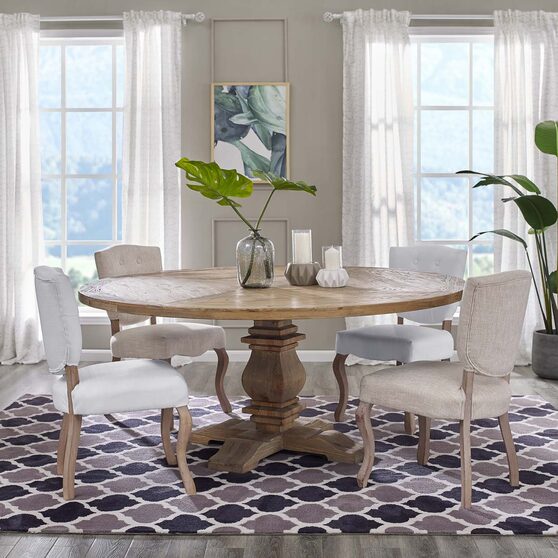 Round pine wood dining table in brown