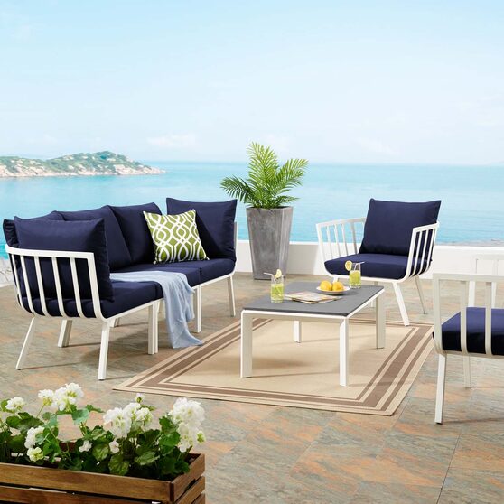 5 piece outdoor patio aluminum set in white/ navy
