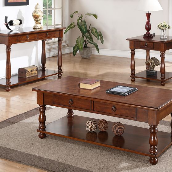 Casual style cherry finish coffee table w/ drawers
