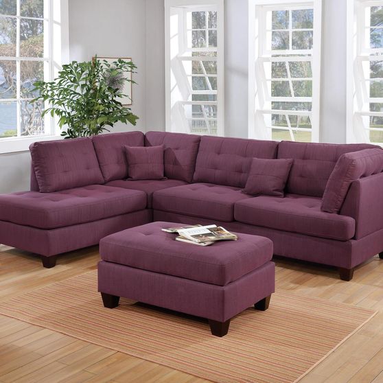 Purple linen-like fabric reversible sectional + ottoman set