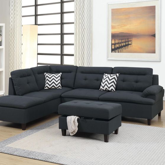 Left-facing chaise sectional/ottoman in black polyfiber