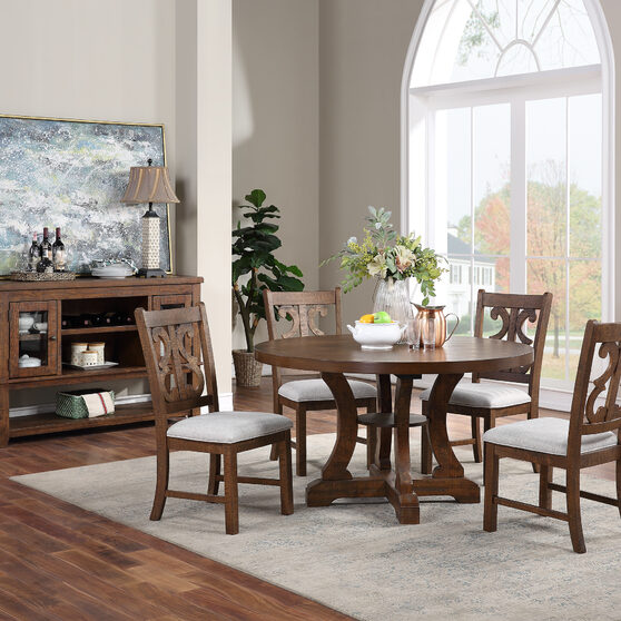 Brown pine wood round dining table w/ insert