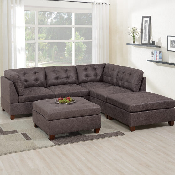 Dark brown leather-like fabric 6-pcs sectional set