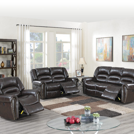 Handle motion recliner sofa in brown bonded leather
