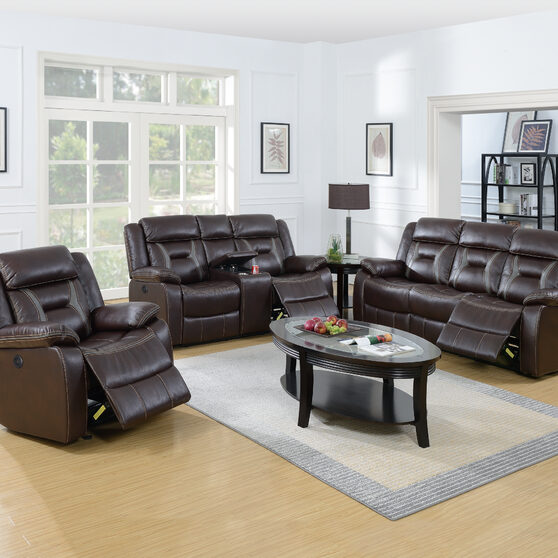 Power motion recliner sofa in dark brown gel leatherette