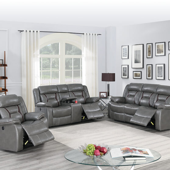 Power motion recliner sofa in gray gel leatherette