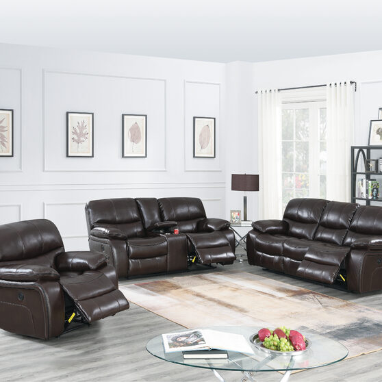Power motion recliner sofa in dark brown gel leatherette