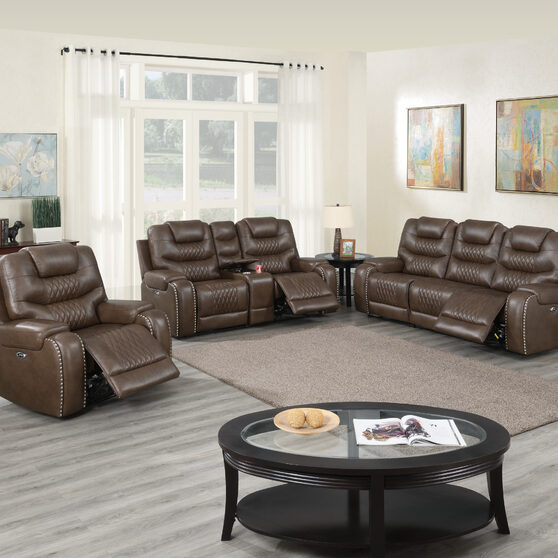Power motion recliner sofa in brown gel leathere