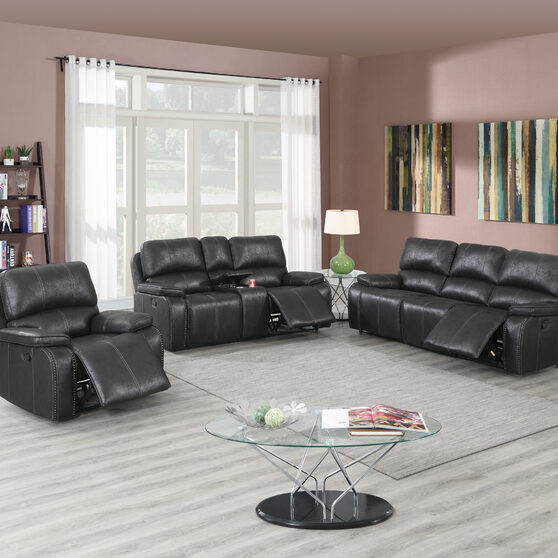 Power motion recliner sofa in black leather-like fabric