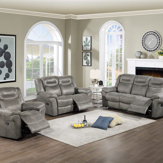 Power motion recliner sofa in slate gray breathable leatherette