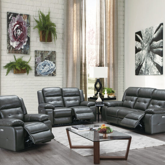 Power motion recliner sofa in slate gray top grain leather match