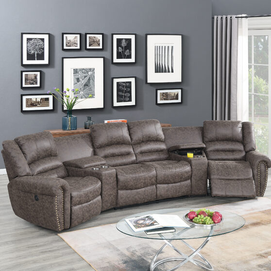 Taupe palomino fabric power motion 5-pc / theater sectional