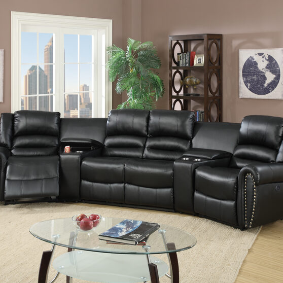 Black bonded leather power motion 5-pc / theater sectional