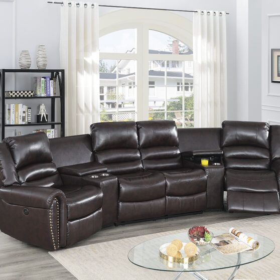 Brown bonded leather power motion 5-pc / theater sectional