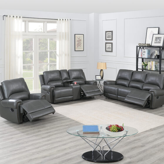 Handle motion recliner sofa in gray gel leatherette
