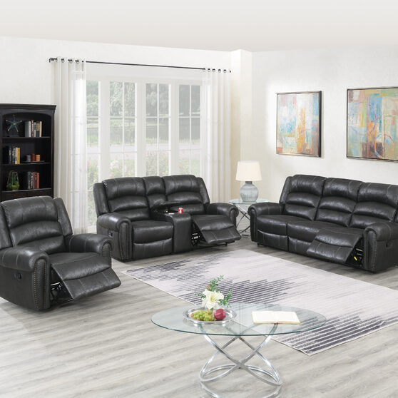 Handle motion recliner sofa in black leather-like fabric