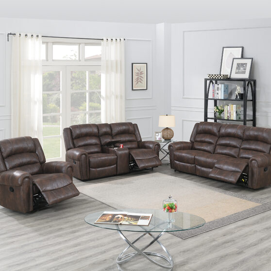 Handle motion recliner sofa in chocolate leather-like fabric