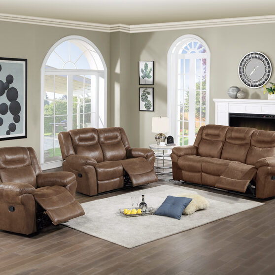 Handle motion recliner sofa in dark brown breathable leatherette