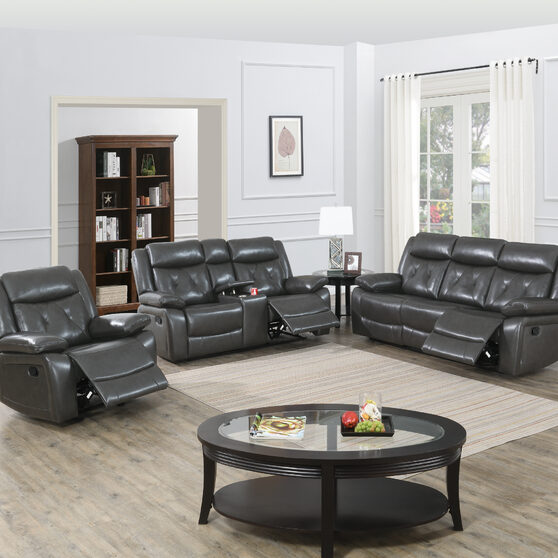 Handle motion recliner sofa in gray gel leatherette