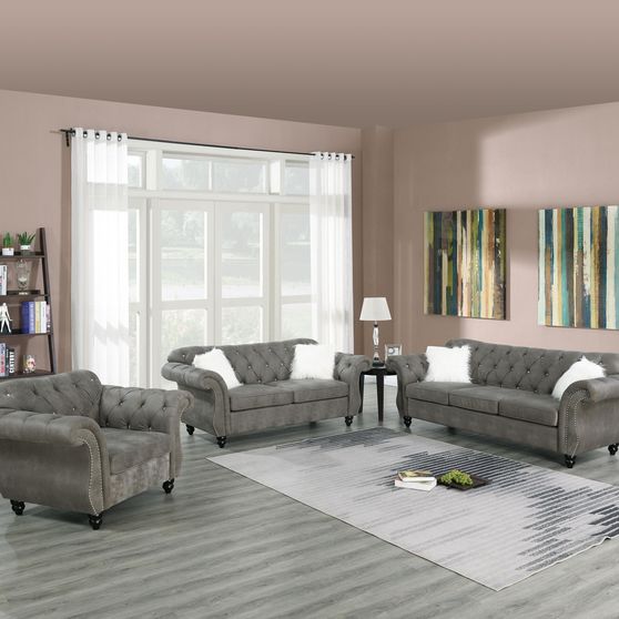 Tufted back rolled arms slate gray glam style sofa