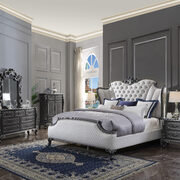 Two tone ivory fabric tufted wingback headboard & charcoal finish queen bed main photo