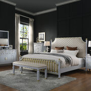Beige pu scooped upholstered headboard & pearl gray finish queen bed main photo