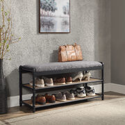 Gray fabric upholstery and oak/ sandy black finish shoe cabinet main photo
