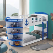 Sky blue finish twin/twin bunk with storage shelves