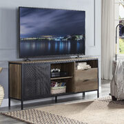 Rustic oak & black finish metal frame rectangular TV stand main photo