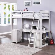 Light gray loft bed w/chest, desk & bookcase