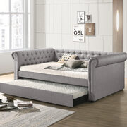 Smoke gray fabric upholstery button tufted and nailhead trim accent full daybed main photo