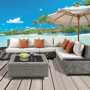 Beige fabric & gray wicker patio sectional & cocktail table
