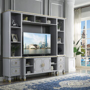 Pearl gray finish and gold trim accent entertainment center main photo