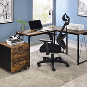 Weathered oak l-shaped wooden top and black finish open sled base writing desk main photo