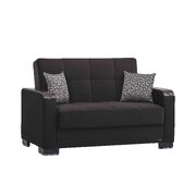 Black microfiber loveseat w/ storage and wood arms
