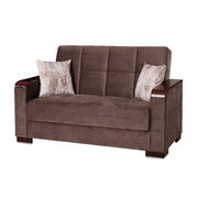 Brown microfiber loveseat w/ storage and wood arms main photo