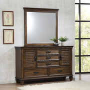 Burnished oak five-drawer dresser with two louvered doors