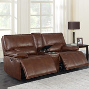 Power loveseat upholstered in saddle brown top grain leather main photo