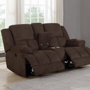 Motion loveseat upholstered in brown performance fabric main photo